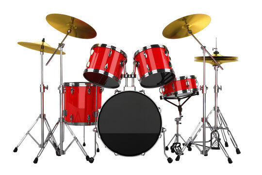 Vibrant red professional drum kit with shiny gold cymbals and chrome hardware, musical instrument isolated PNG on transparent background
