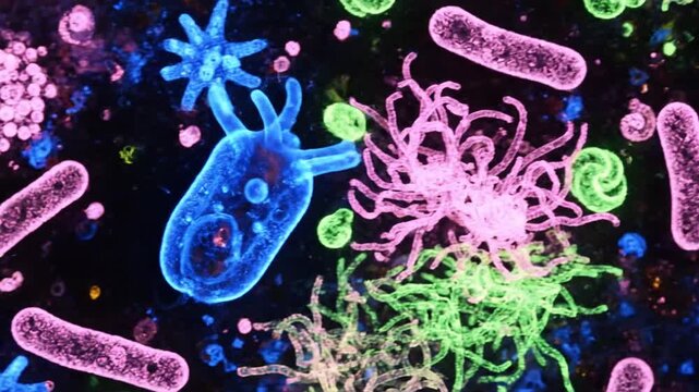 Colorful Microorganisms Under Microscope Magnification.