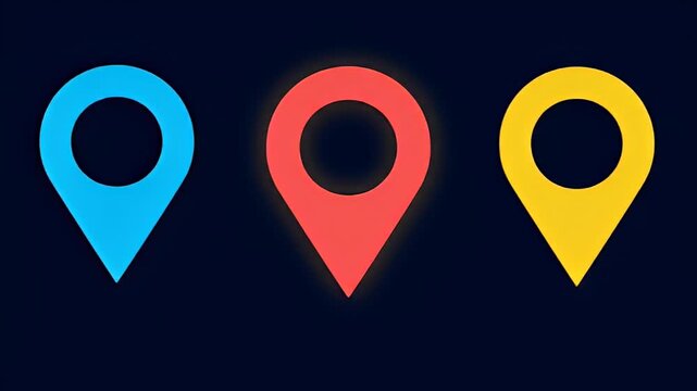 Three map pointer icons blue, red with glow, and yellow, displayed on dark background