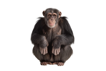 A detailed portrait of a young chimpanzee sitting calmly, isolated on a transparent background, a...