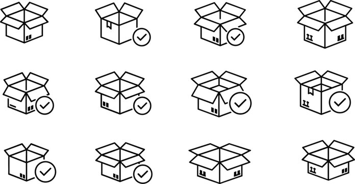 Open Package Delivery Confirmation Icon Set with Cardboard Shipping Box and Check Mark Symbols for Logistics, Courier Service, Tracking, and E-commerce Applications