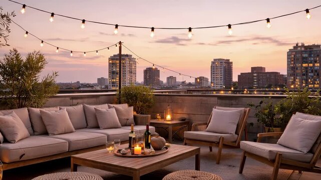 A Cozy Rooftop Lounge at Dusk Featuring Chic Furniture, String Lights, and Elegant D&eacute;cor for an Inviting Evening Atmosphere