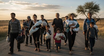 Group of refugees carrying belongings on a journey