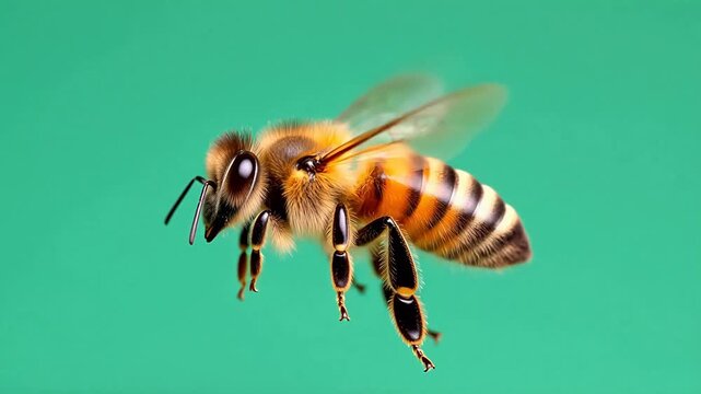 Honeybee in flight against green background