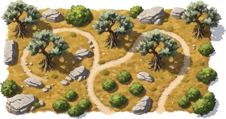 Top-Down View of Cartoon Dirt Paths with Trees and Rocks Vector isolated PNG with Transparent Background