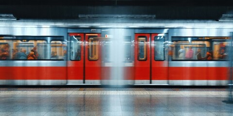 Fototapeta premium Rapid transit train passing station. Motion blur creates dynamic effect. Red car dominates dark tunnel scene. Passengers visible inside.