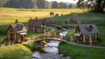 Fototapeta premium Miniature Village Scene with Tiny People Crossing a Bridge over a Stream, Featuring Charming Cottage Houses and Lush Greenery in a Dreamy Landscape