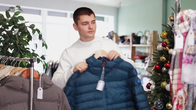 Guy is holding a hanger with a dark blue down jacket in a store of clothes against the background of racks and a Christmas tree. Buyer in a New Years shopping center chooses outerwear. High quality 4k
