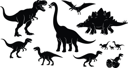 Dinosaur silhouettes featuring Tyrannosaurus rex, Brachiosaurus, Stegosaurus, Pteranodon, Velociraptors, hatchlings, and prehistoric creatures, perfect for educational and design projects © Hello There