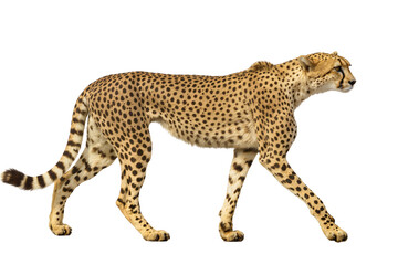 Majestic cheetah walking gracefully, full body side view, isolated on transparent background, showcasing its distinctive spotted fur pattern PNG © Niamh