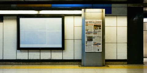 Naklejka premium Subway station interior. Blank poster, newspaper display, tiled walls, yellow platform edge. Dim lighting creates stark contrast.