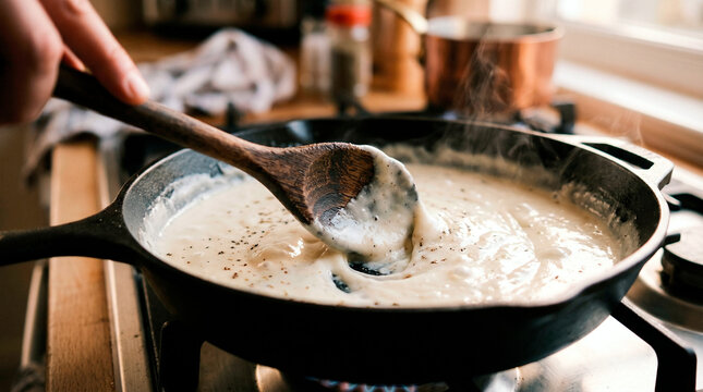 Close-up of creamy sauce being stirred in a cast iron skillet on a gas stove
