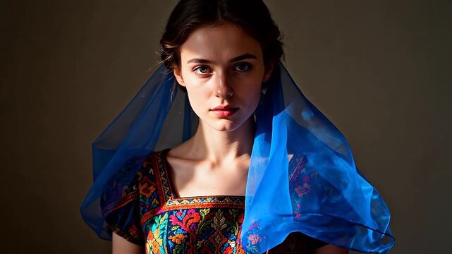Woman in colorful embroidered dress with blue veil
