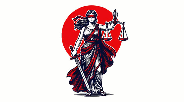 Symbolic illustration of Lady Justice holding a sword and scales against a red circle background.