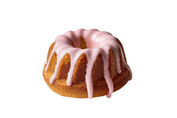 Golden bundt cake with vibrant pink icing, a classic sweet baked dessert isolated PNG, perfect for confectionery designs and recipe visuals © Niamh