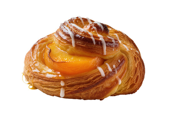 Peach Danish pastry with sweet white icing, golden flaky crust, a delicious isolated baked good, perfect for breakfast or dessert PNG