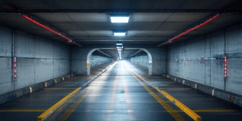 Fototapeta premium Concrete tunnel stretches into darkness. Bright lights illuminate wet pavement, marked with yellow lines. Minimalist, industrial space.