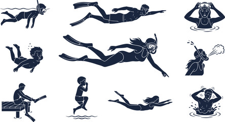 Swimming and Snorkeling Water Sports Linocut Illustration Set © 777SKYLABS