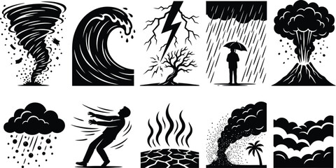 Natural Disasters and Extreme Weather Linocut Illustration Set © 777SKYLABS