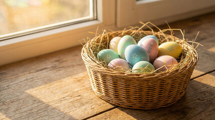 Obraz premium Golden Easter Eggs in Rustic Wicker Basket Spring Sunlight. Close-up of pastel decorated Easter eggs nestled in straw-lined basket, warm morning light casting soft shadows on wooden table