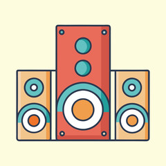 Vintage stereo speakers in orange, blue and tan with black outlines graphic