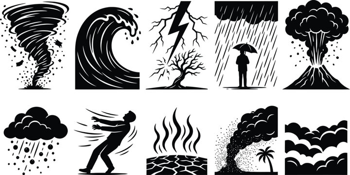 Natural Disasters and Extreme Weather Linocut Illustration Set