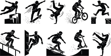 Naklejka premium Action Sports and Parkour Athlete Linocut Illustration Set