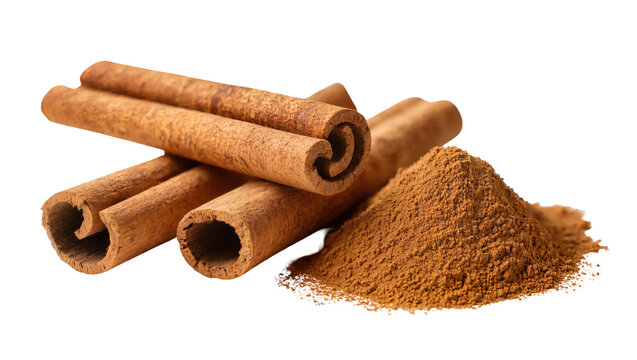 Aromatic cinnamon sticks and a pile of finely ground cinnamon powder, perfectly isolated PNG for culinary and spice-related designs