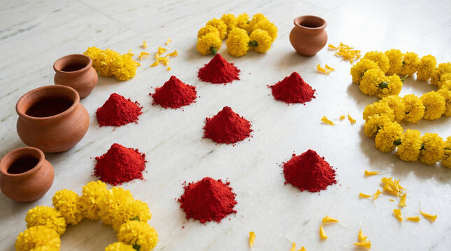 Minimalist Sindur Jatra Festival Elements Flat Lay Arrangement. Overhead view of sindur powder mounds, clay pots, and yellow marigolds on white marble surface, clean modern styling