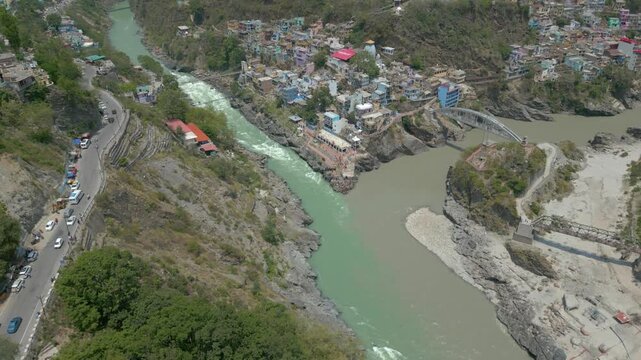 Aerial view of Devprayag Sangam, Devprayag is a town and a nagar panchayat, near New Tehri city in Tehri Garhwal District in the state of Uttarakhand, India,