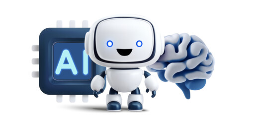 Cute 3D AI robot character with microchip and brain symbols, representing artificial intelligence, machine learning, smart automation, digital assistants, and future technology.