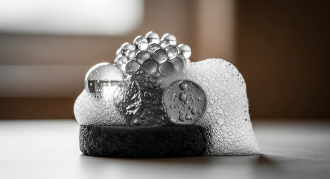 Molecular Gastronomy Edible Art Creation: Avant-Garde Abstract Dessert with Translucent Spheres, Delicate Foam, and Unique Textures for Fine Dining.