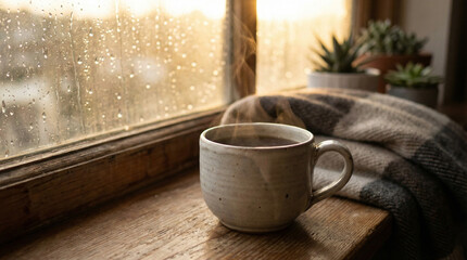 Fototapeta premium Warm Coffee Cup by Rainy Window with Autumn Leaves. Close-up of steaming ceramic mug on wooden windowsill, raindrops on glass, soft golden afternoon light, cozy atmosphere