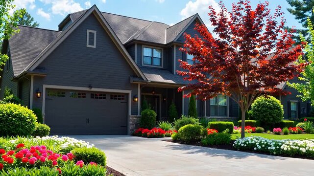 House with colorful garden and red tree