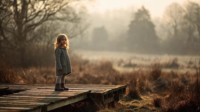 Child standing on wooden bridge in misty field