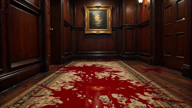 Blood on carpet in wood panel room