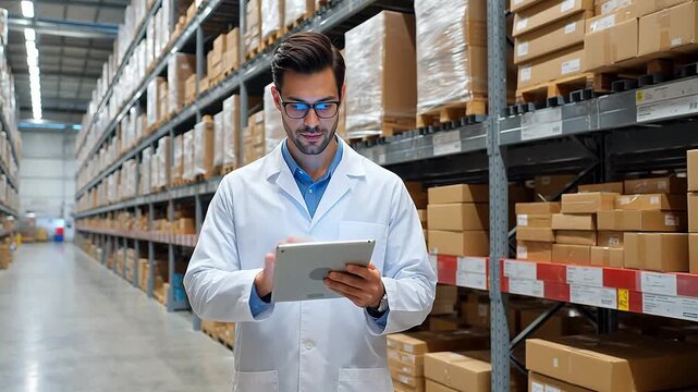 Man in lab coat using tablet in warehouse