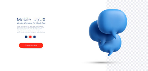 Minimal 3D speech bubble icon cluster with blue rounded chat symbols isolated on transparent background, representing messaging, communication, conversation, support, and social interaction.