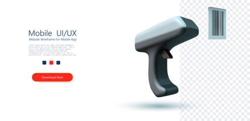 Minimal 3D barcode scanner icon with handheld retail reader and label tag isolated on transparent background, representing inventory control, checkout, logistics, product tracking, and digital scannin © ZinetroN