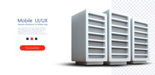 ПечатьMinimal 3D server tower set with white data storage units isolated on transparent background, representing cloud infrastructure, hosting hardware, network systems, and modern digital technology.