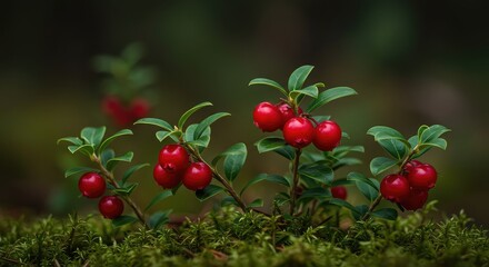 Obraz premium Bright red wintergreen berries contrast with glossy green leaves nestled among forest moss, representing natural flavor and freshness ,floor ,healthy ,procumbens