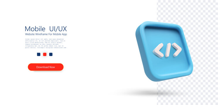 Minimal 3D coding icon with blue square button and white code brackets isolated on transparent background, representing programming, software development, web technology, scripting, and digital engine