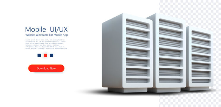 ПечатьMinimal 3D server tower set with white data storage units isolated on transparent background, representing cloud infrastructure, hosting hardware, network systems, and modern digital technology.