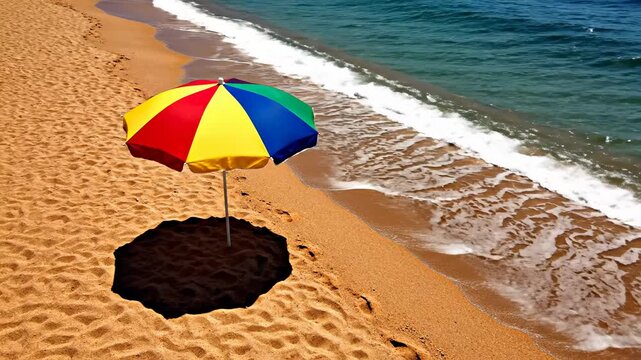 Colorful beach umbrella stands on the sand while ocean waves roll onto the shore