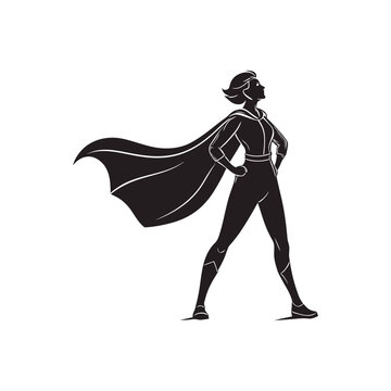 Confident female superhero silhouette with cape standing proudly as a symbol of women empowerment