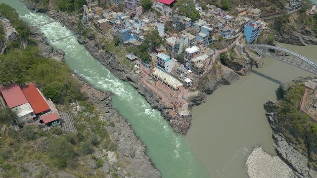Aerial view of Devprayag Sangam, Devprayag is a town and a nagar panchayat, near New Tehri city in Tehri Garhwal District in the state of Uttarakhand, India,
