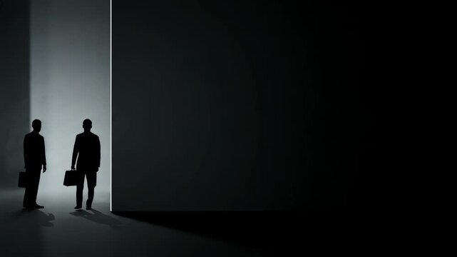 Silent silhouette male business partners exchanging secret briefcase. Shadowy underworld transaction dark concept. Mystery deal and confidential corporate communication.