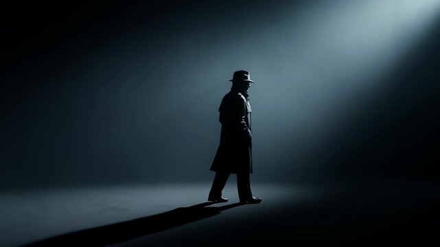 Detective in trench coat and hat walking in dark alley. Mystery man investigating secret in spotlight. Moody cinematic scene of investigator in noir style film.