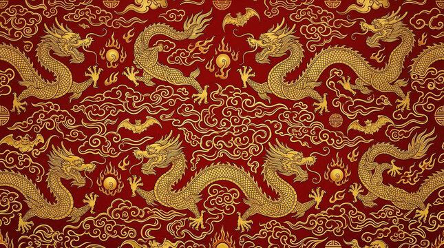Golden chinese dragon seamless pattern on red textured background