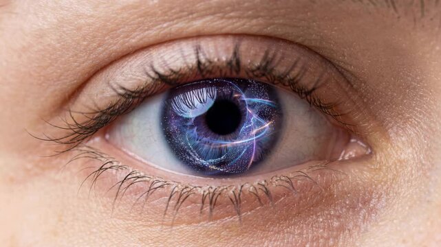 Womans eye blinking from closed to open revealing cosmic galaxy inside. Detailed blue iris animation with starry nebula effect. Futuristic sci-fi vision concept for digital art and technology